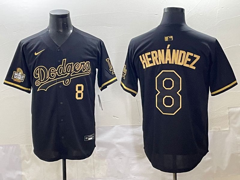 Men 2025 Los Angeles Dodgers 8 Hernandez Black Gold Five generations Nike MLB Jersey style 3